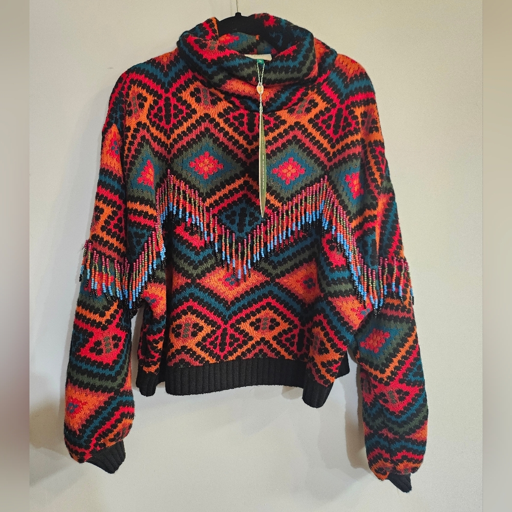 Farm Rio Rauti Beaded Fringe Tassel High Neck Sweater - Picture 7 of 8